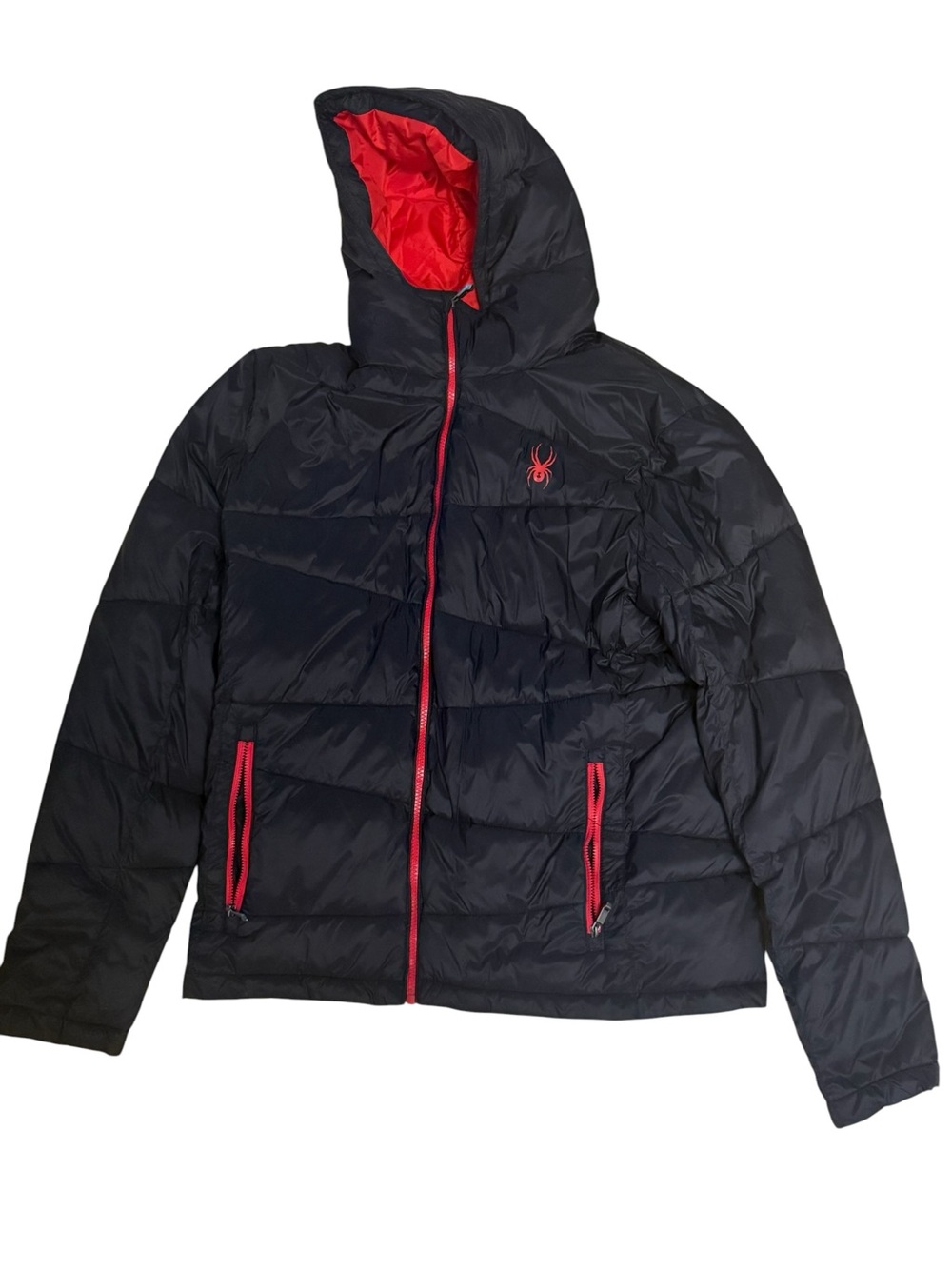 Spyder Black Hooded Puffer Jacket with Red Trim